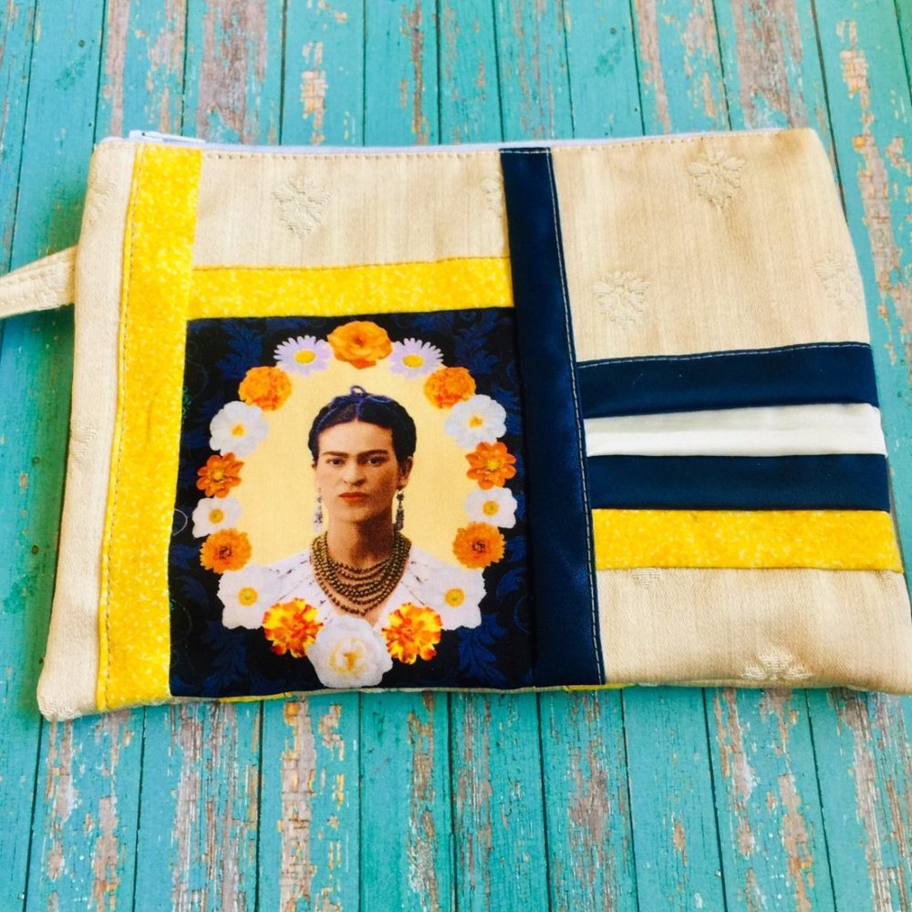 handmade Frida Kahlo wristlet colorful makeup bag